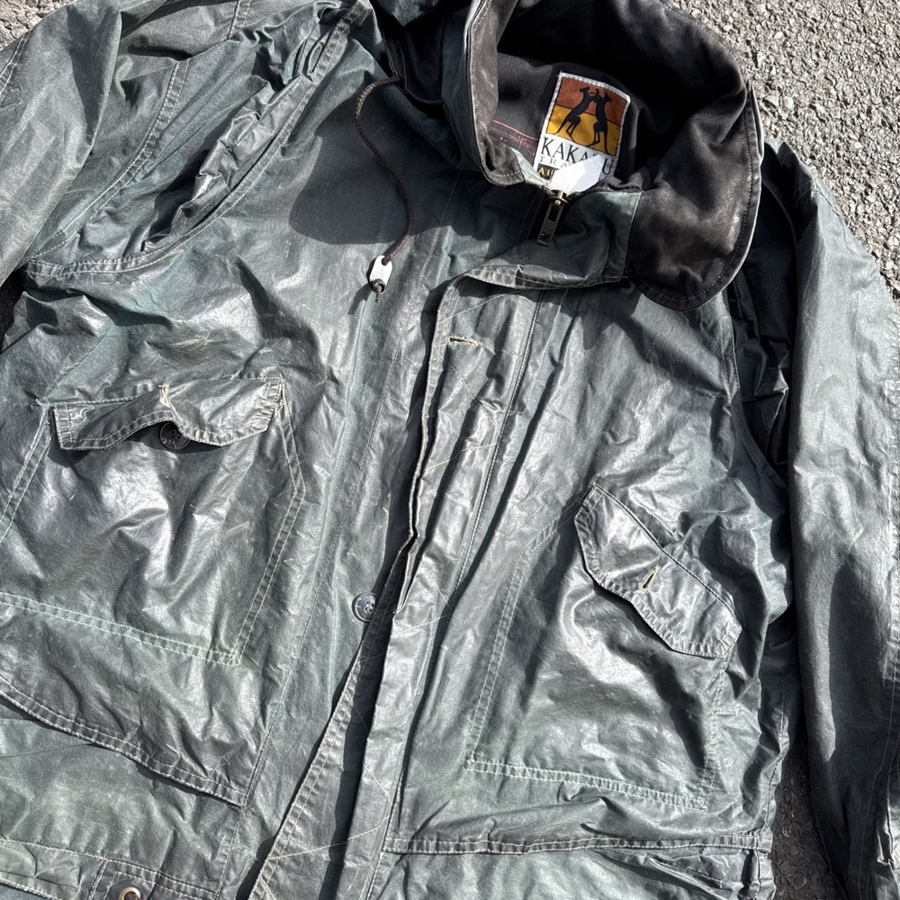 Kakadu Traders Australia Men's L Oilskin Jacket Green Zip Up Vintage WOW! Waxed - Picture 3 of 11